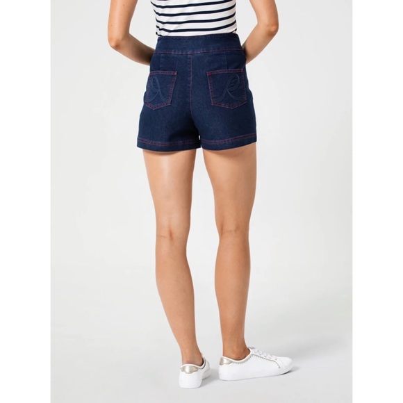 REVIEW 'Going Sailing' Indigo Denim Button Front Stretch Retro Shorts Size 12 - Picture 3 of 13